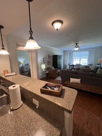 a living room with furniture a chandelier and a flat screen tv