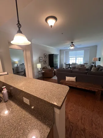 a living room with furniture a window and chandelier