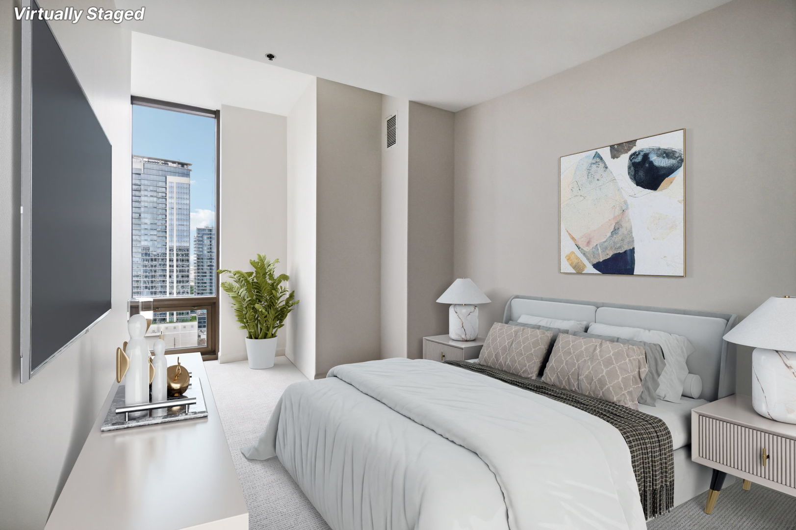 1335 South Prairie Avenue, Unit 2009 Chicago, IL 60605 - Photo 11 of 30 a bedroom with a bed and a potted plant