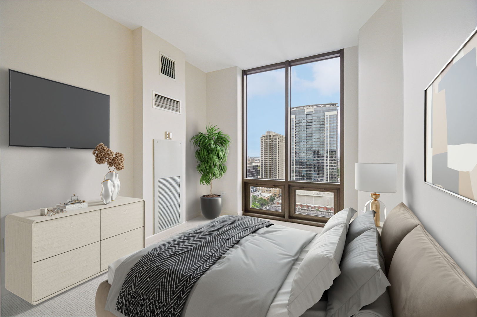 1335 South Prairie Avenue, Unit 2009 Chicago, IL 60605 - Photo 14 of 30 a bedroom with a bed and a flat screen tv
