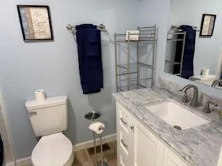 a bathroom with a granite countertop toilet sink and mirror
