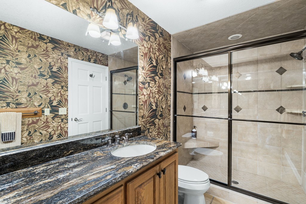 1370 Heathers Cove Circle Hiawassee, GA 30546 - Photo 50 of 99 a bathroom with a granite countertop sink toilet and shower