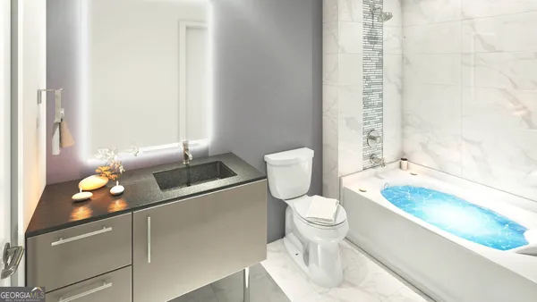 a bathroom with a sink a toilet and tub