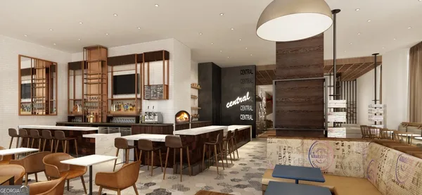 a living room with furniture a flat screen tv and kitchen area