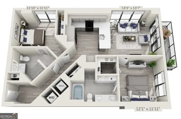 a upper view of a kitchen with stainless steel appliances kitchen island granite countertop a refrigerator and microwave