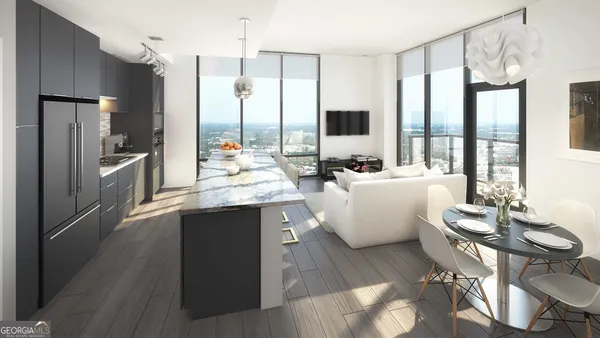 a large living room with stainless steel appliances kitchen island granite countertop a refrigerator a sink dishwasher a dining table and chairs with wooden floor