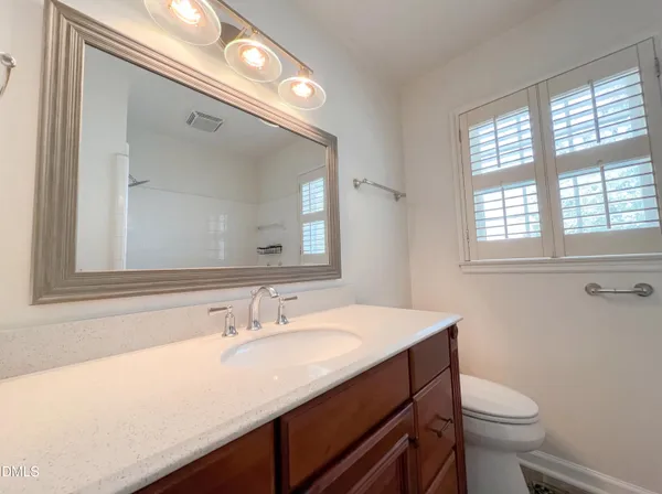 a bathroom with a sink vanity and a toilet