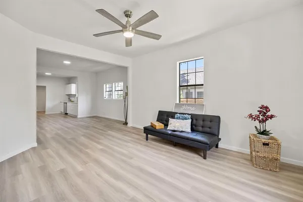 a living room with furniture and a potted plant