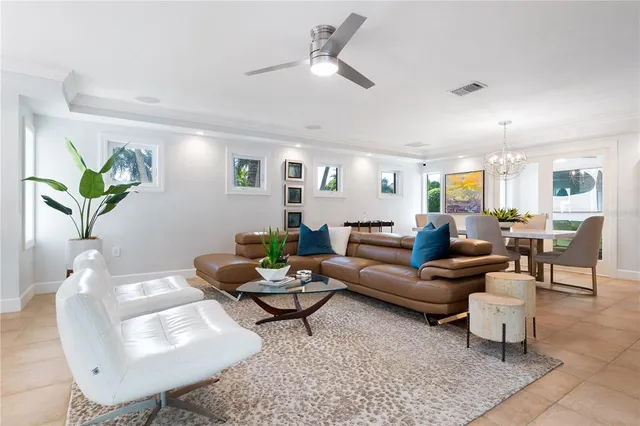 a living room with furniture and a potted plant