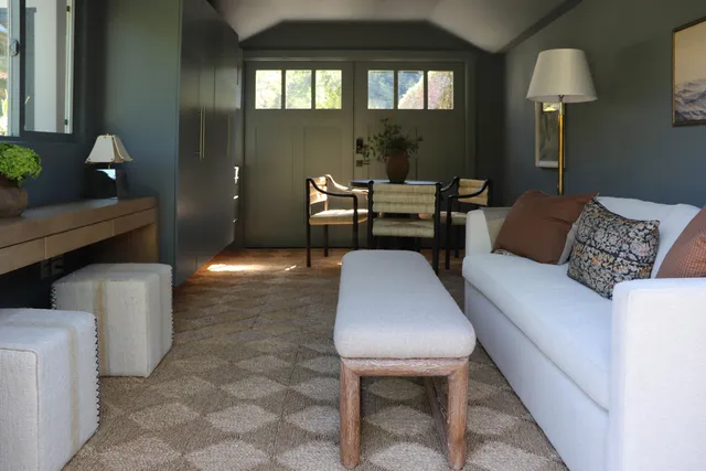 a living room with furniture and a potted plant
