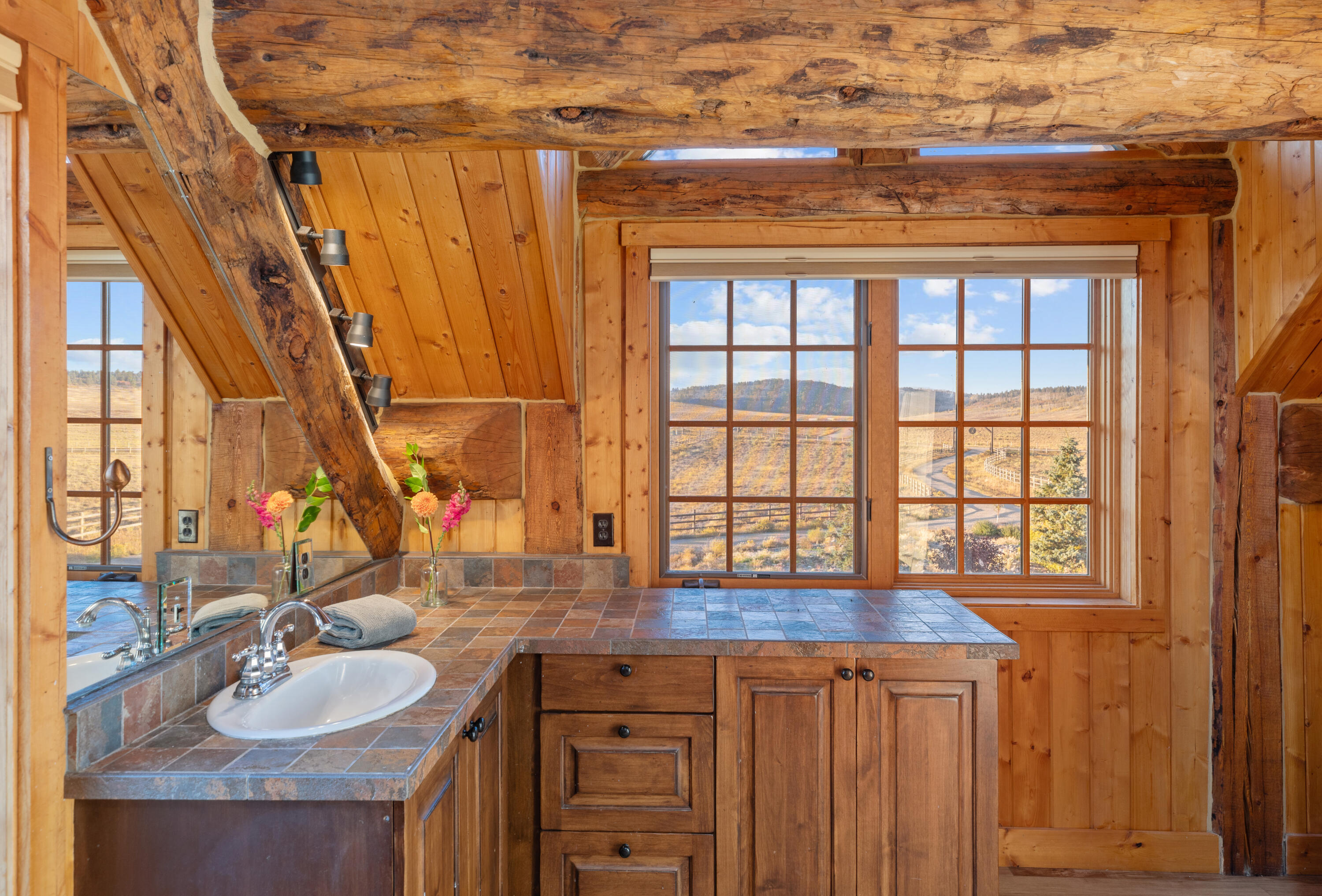 2335 County Road Placerville, CO 81430 - Photo 28 of 38 a bathroom with a granite countertop sink and a mirror