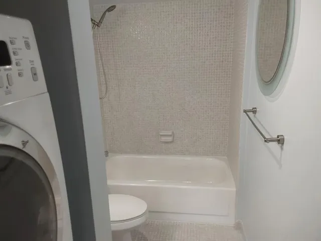 a bathroom with a bathtub and a toilet