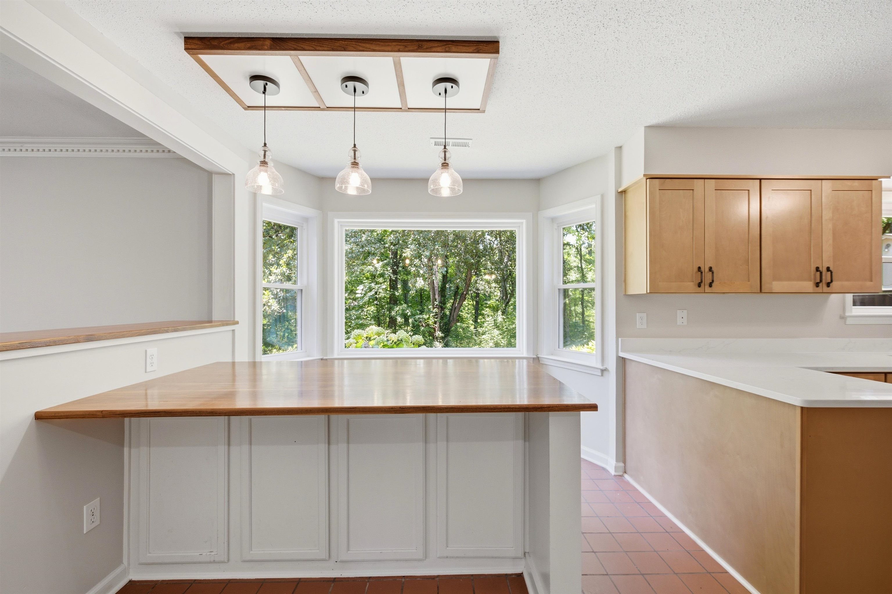 1370 North Reid Hooker Road Eads, TN 38028 - Photo 20 of 39 Bay window with three pendant lights and a wood-finish bar countertop