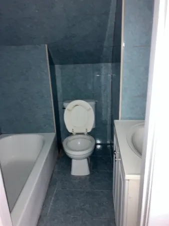 a bathroom with a toilet and a bathtub