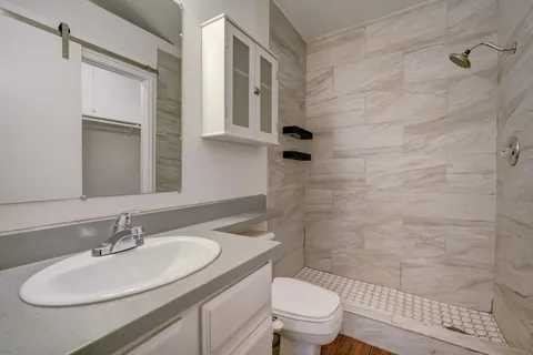 a bathroom with a sink toilet and shower