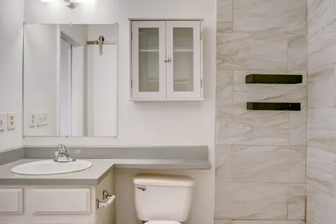 a bathroom with a sink and a mirror