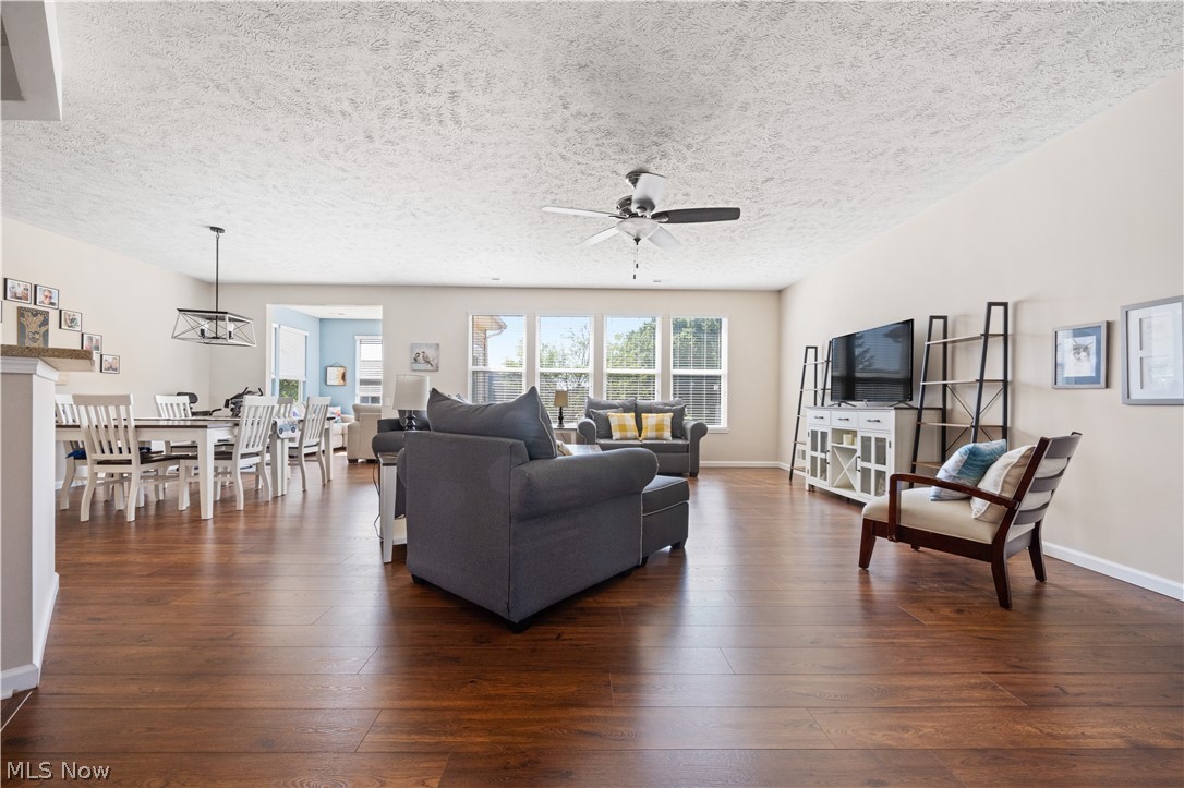 9188 Prairie Moon North Ridgeville, OH 44039 - Photo 8 of 40 Living room with ceiling fan, dark hardwood / wood-style flooring, and a textured ceiling