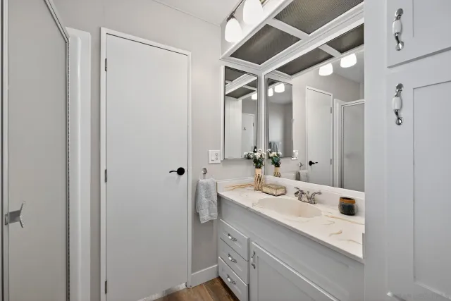a bathroom with a sink a mirror and a shower