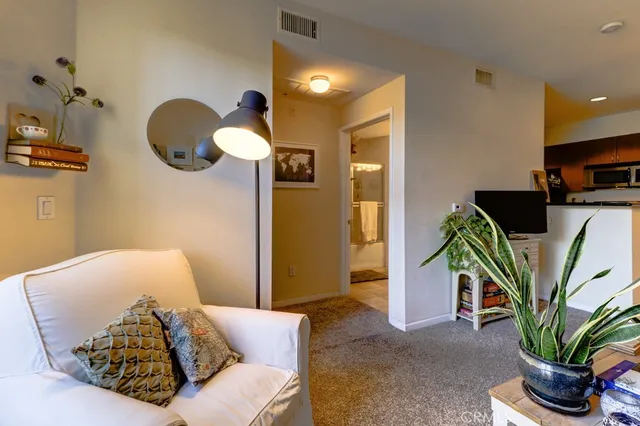 a living room with furniture flowerpot and a potted plant