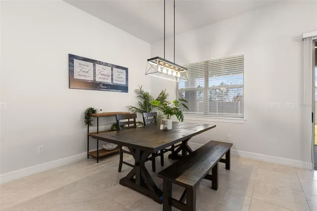 a view of a dining room with furniture and window