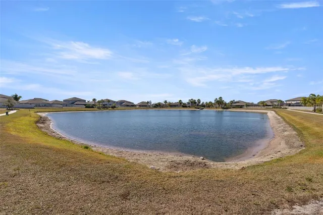 a view of a terrace with a bench and trees around