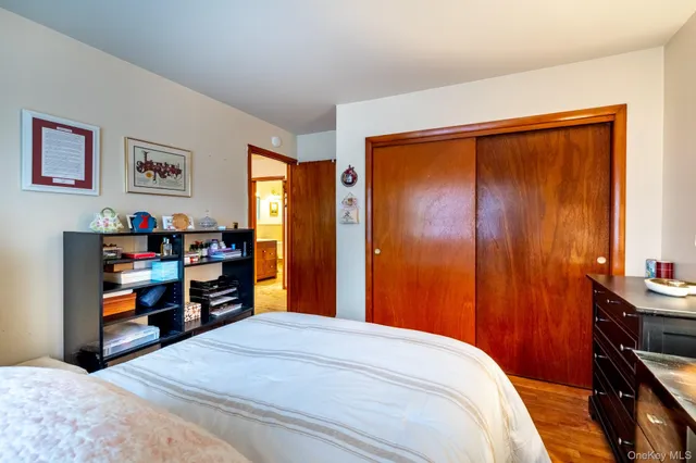 a bedroom with a bed and a closet