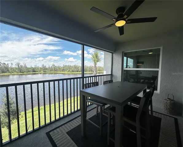a view of a balcony dining area