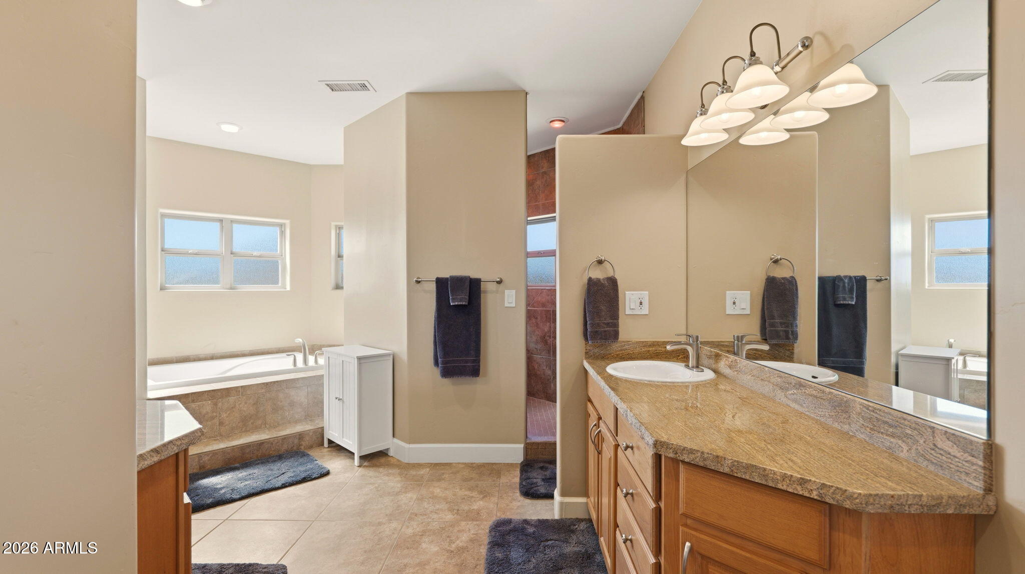 9630 North Aldrich Road Flagstaff, AZ 86004 - Photo 20 of 47 a bathroom with a granite countertop sink a large mirror and a shower