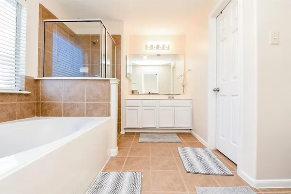 a bathroom with a tub shower and sink