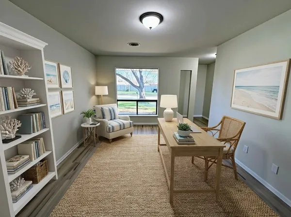 a bedroom with furniture and a book shelf