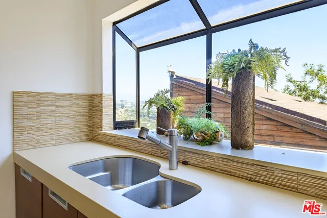 a kitchen with a sink and a potted plant