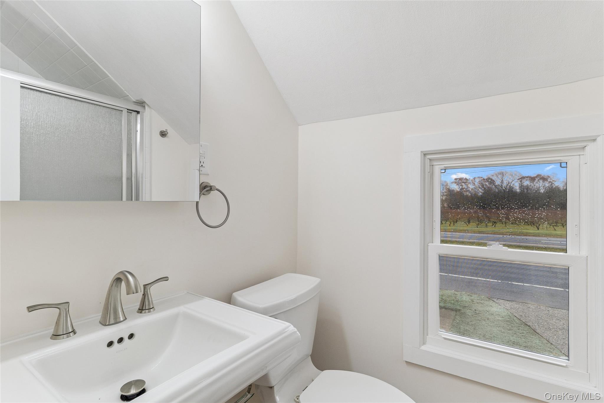 17425 County Road 48 Cutchogue, NY 11935 - Photo 29 of 30 Bathroom with lofted ceiling and an enclosed shower
