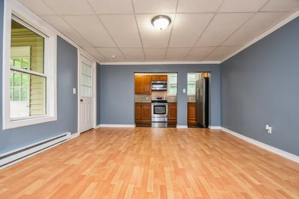 a large room with windows