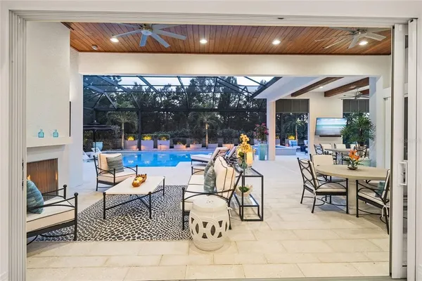 a living room with furniture potted plant and a window