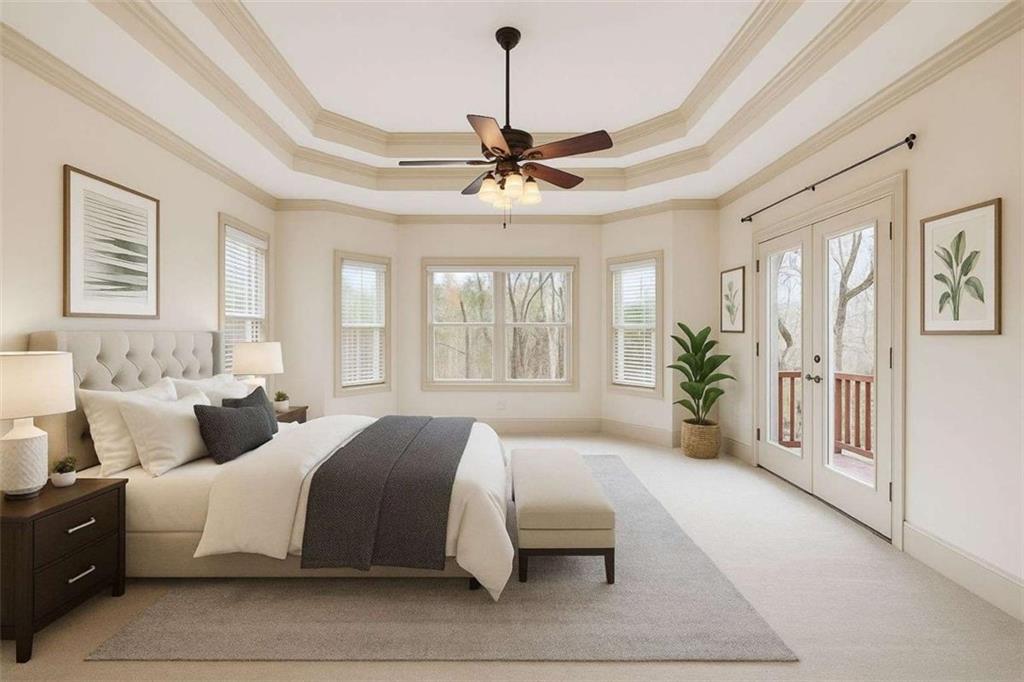 5264 Laurel Circle Gainesville, GA 30506 - Photo 19 of 47 a spacious bedroom with a balcony a bed and a chandelier