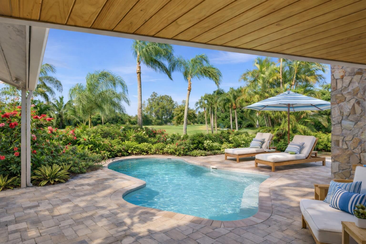 5151 Southeast Burning Tree Circle Stuart, FL 34997 - Photo 41 of 74 a view of a patio with table and chairs under an umbrella