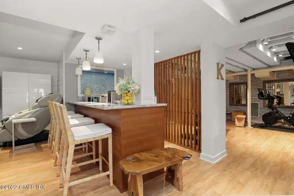 a living room with furniture and a table