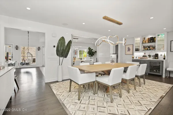 a view of a dining room with furniture