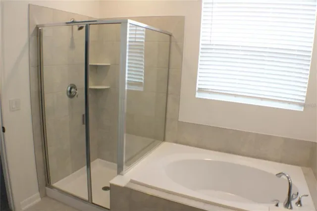 a bathroom with a shower and a bath tub