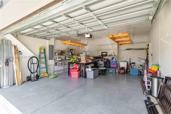 a view of a garage with storage