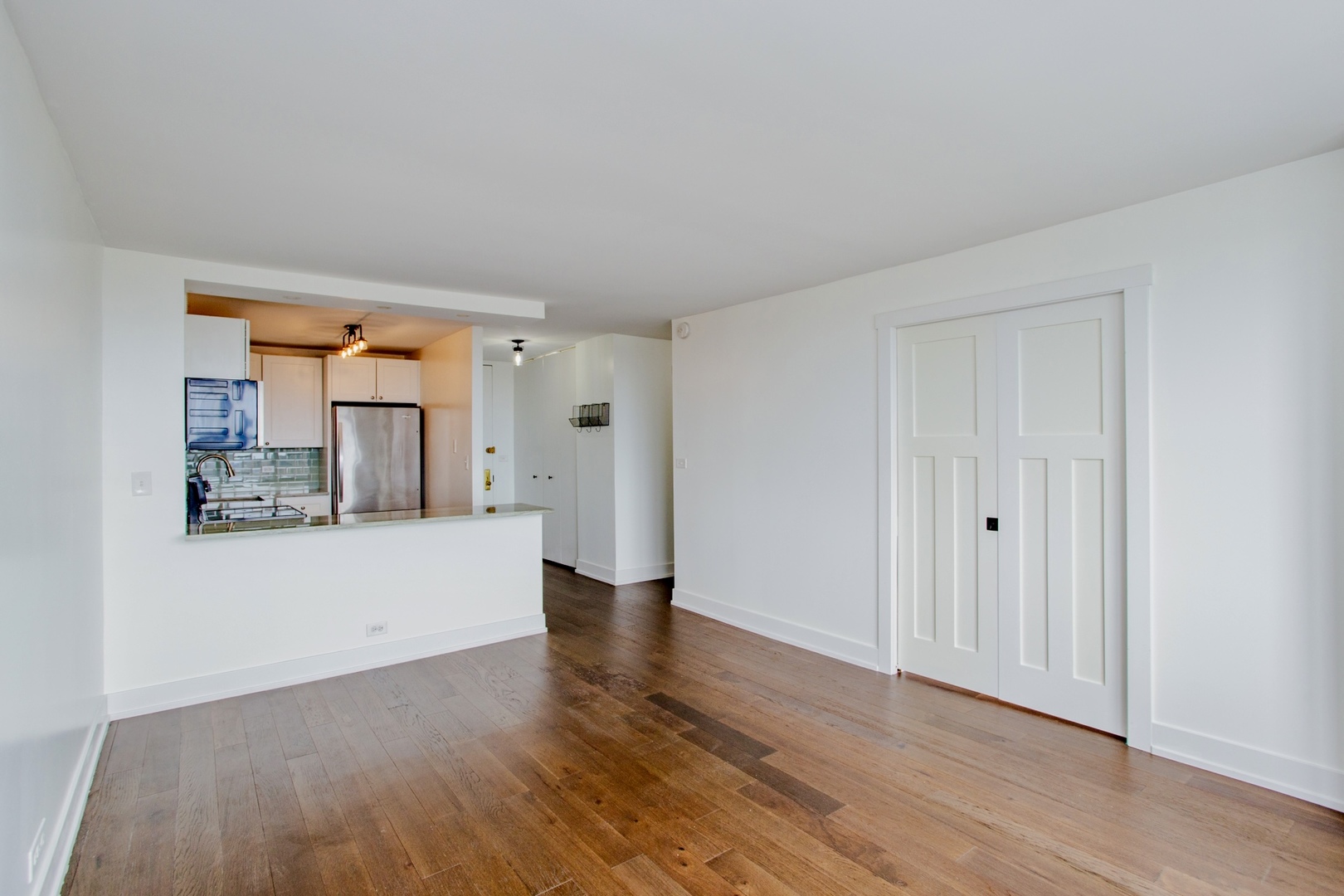 655 West Irving Park Road, Unit 4407 Chicago, IL 60613 - Photo 3 of 19 a view of a big room with wooden floor and a kitchen