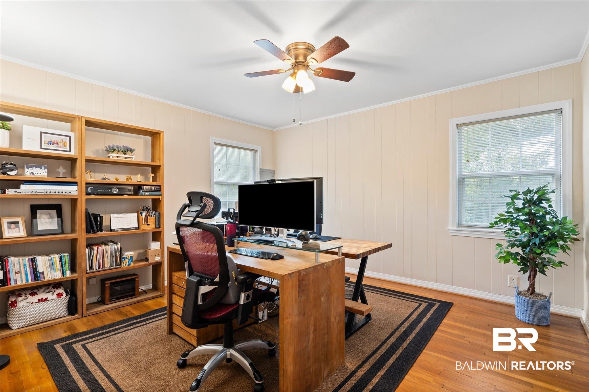 162 Bit And Spur Terrace Mobile, AL 36608 - Photo 18 of 29 Office featuring light hardwood / wood-style flooring, ornamental molding, and ceiling fan