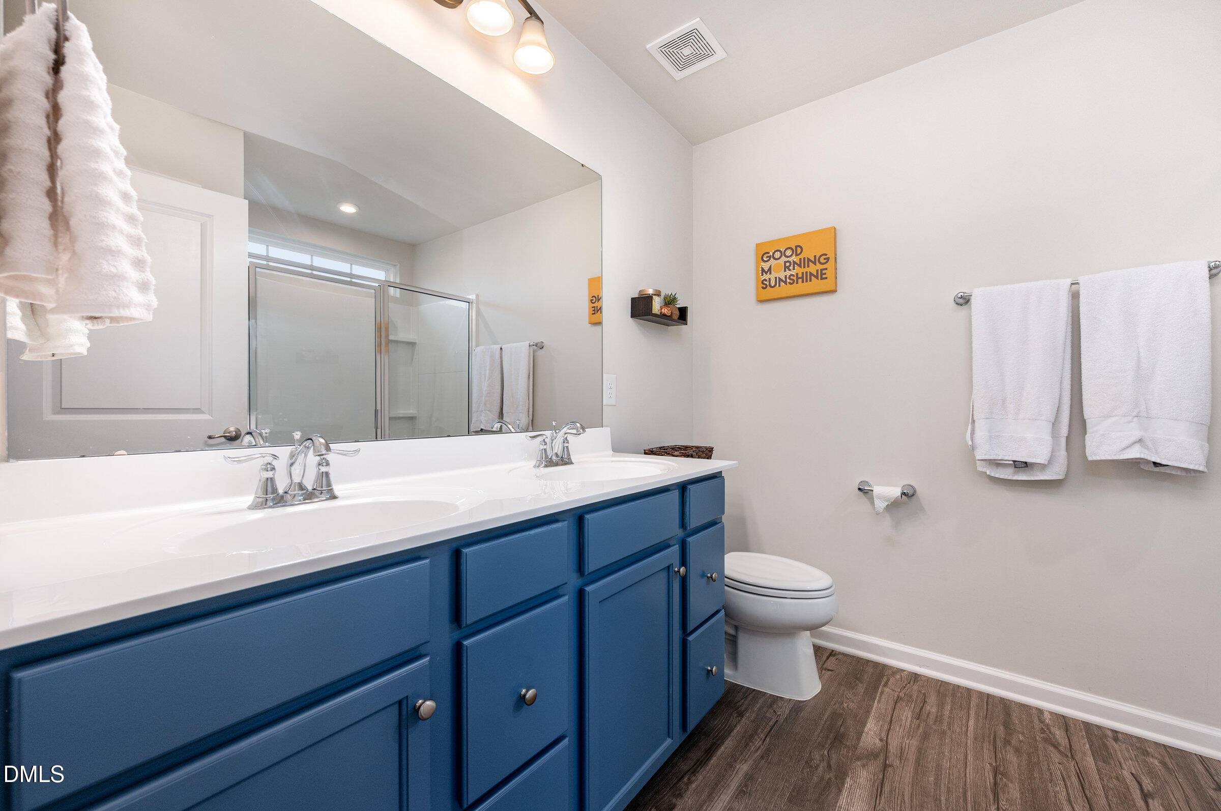 372 Amber Acorn Avenue Raleigh, NC 27603 - Photo 20 of 49 a bathroom with a double vanity sink toilet and a mirror
