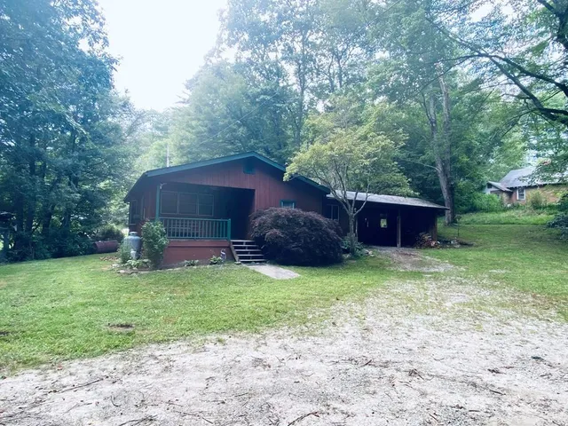 a view of a backyard with a garden and trees