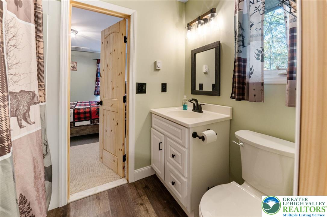 809 Boulder Court North Hawley, PA 18428 - Photo 32 of 43 a bathroom with a sink a toilet a mirror and shower