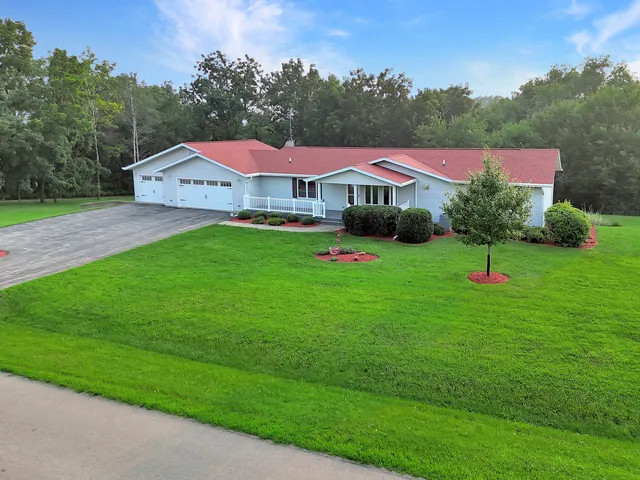 a aerial view of a house with backyard and a garden