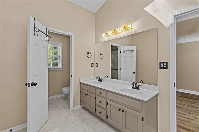 a bathroom with a double vanity sink mirror and toilet