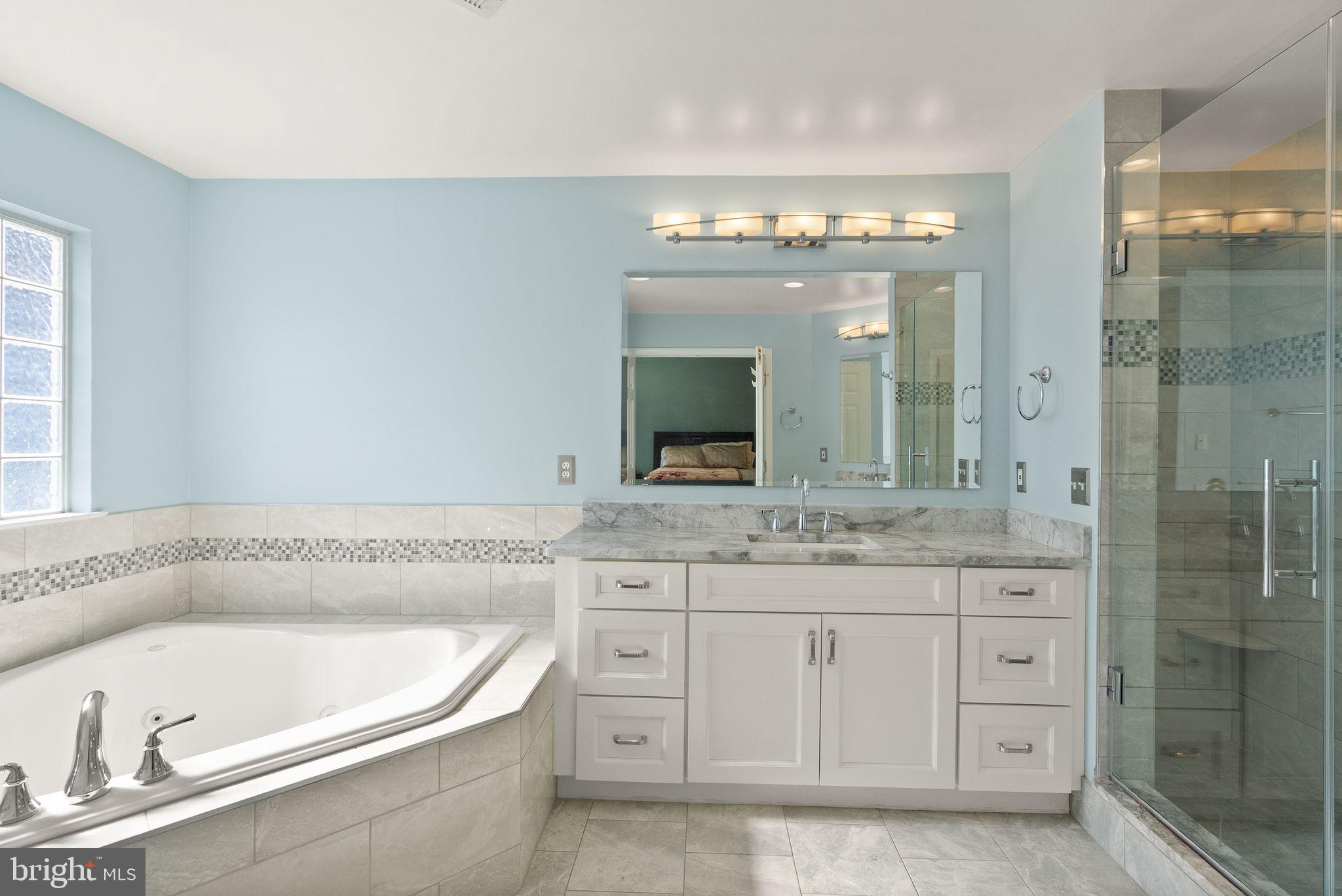 11477 Waterhaven Court Reston, VA 20190 - Photo 36 of 54 a bathroom with a granite countertop bathtub a sink and a large mirror