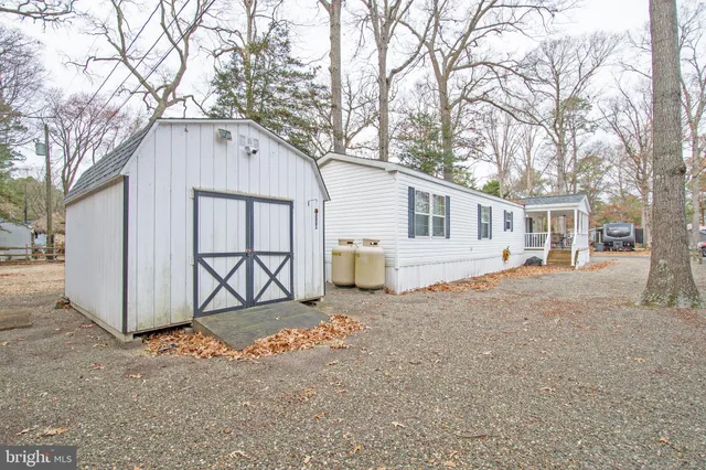 a backyard of a house with large trees and buildings