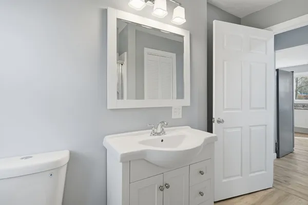 a bathroom with a sink a toilet and a mirror